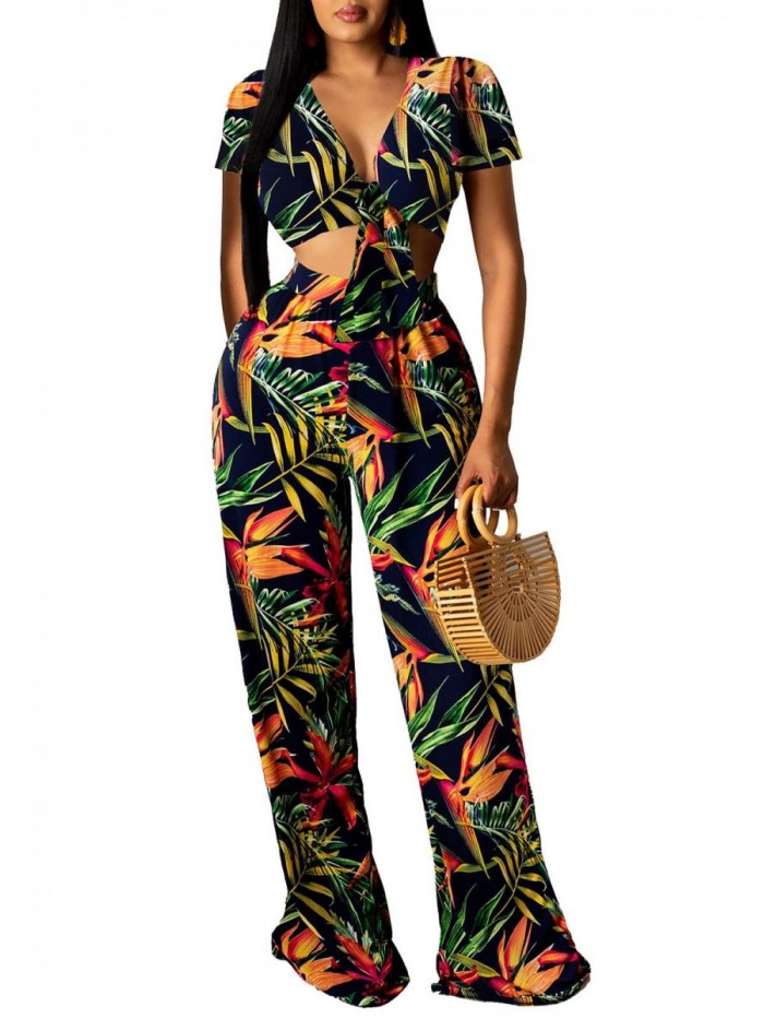 Casual 2 Pieces Sets Floral Crop Tops Wide Leg Pants Jumpsuits 