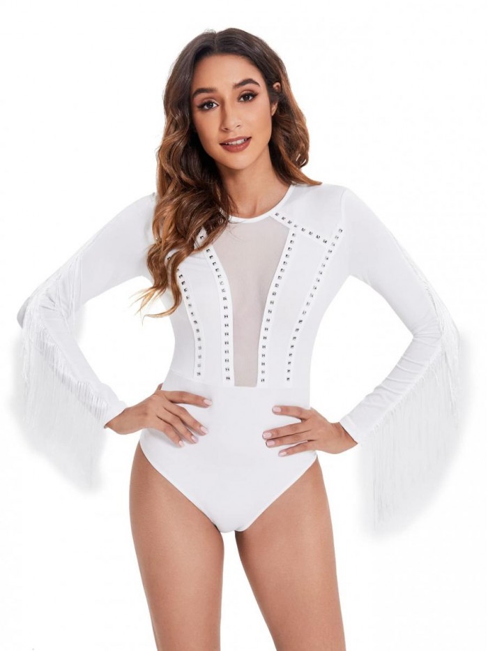 Women's Cold Shoulder Fringe Long Sleeve Sheer Mesh Jumpsuit Bodysuit 