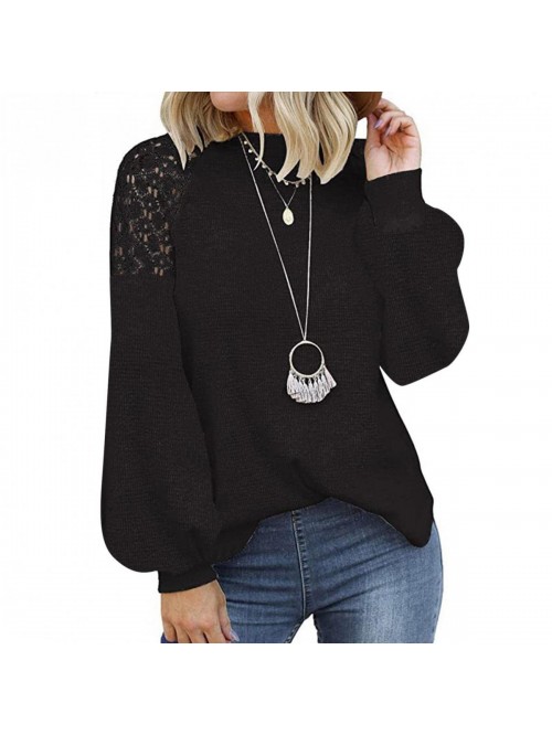 Women's O-Neck Long Sleeve Tops Lace Stitch Should...